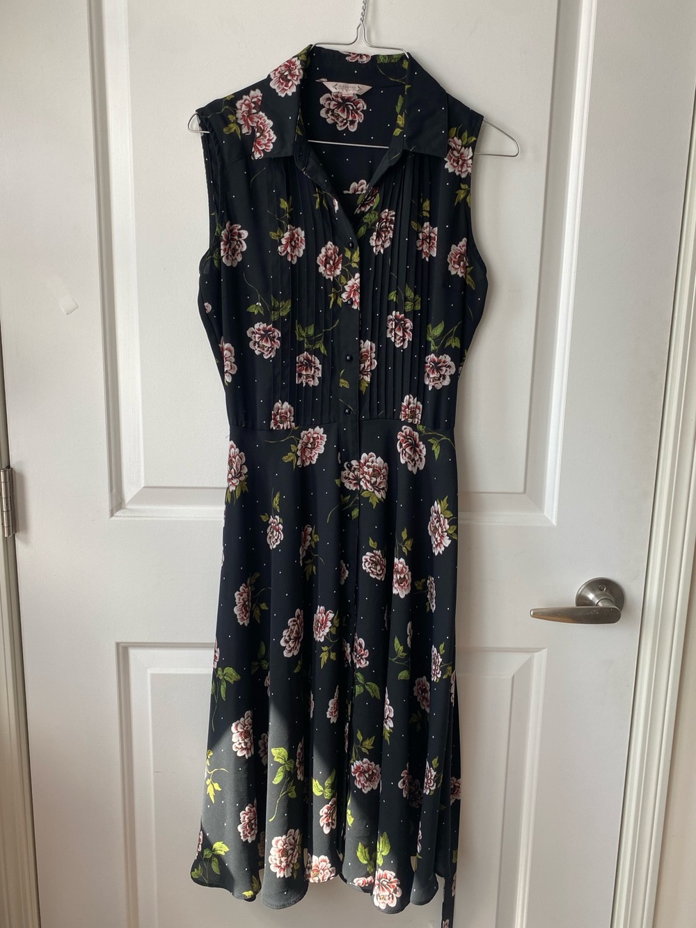 Nanette Lepore  Sleeveless Black Floral Midi Dress with Pink Blooms